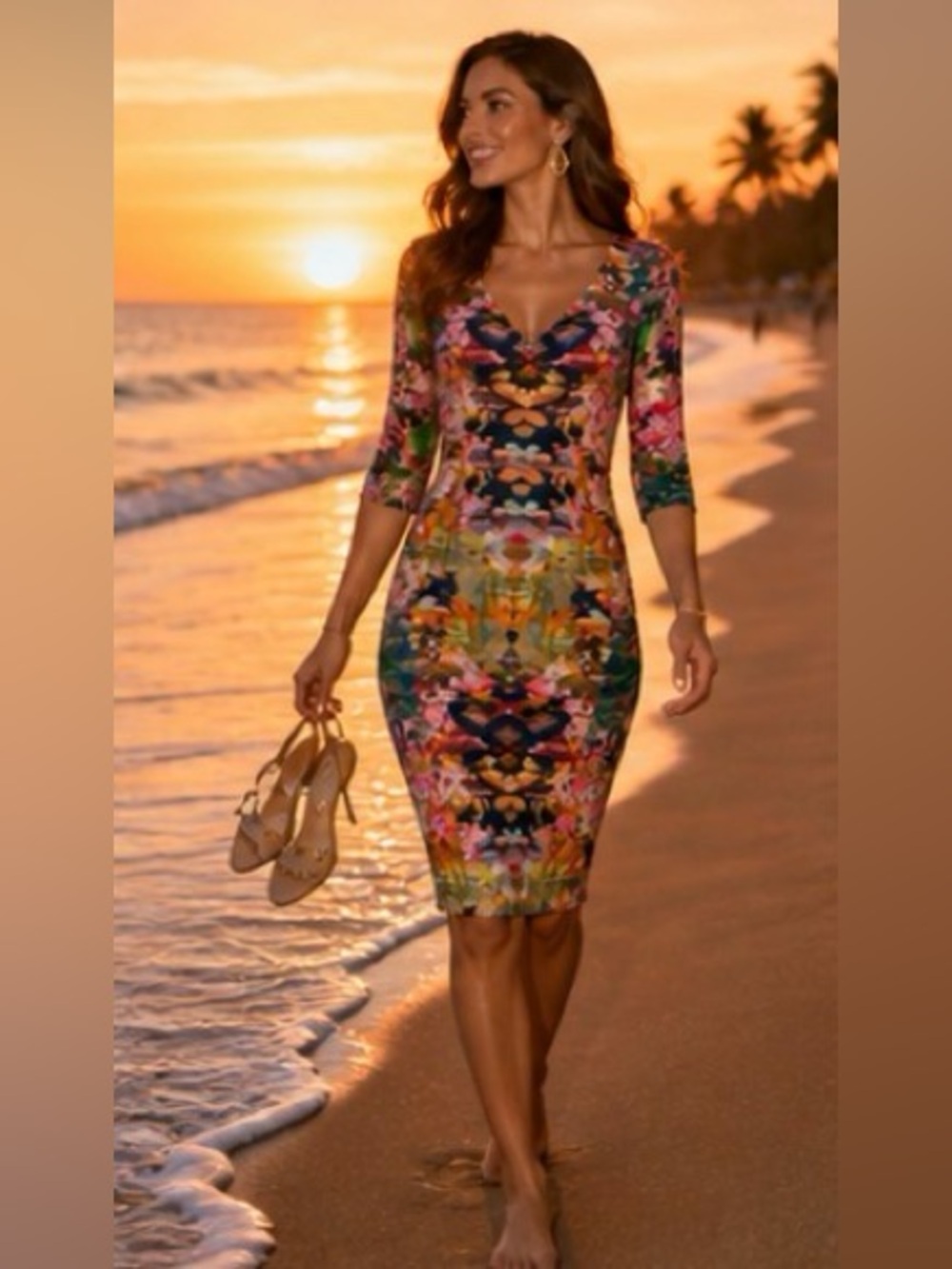 Black Halo Sherilyn Midi Dress Multicolor Print V Neck Bodycon EUC